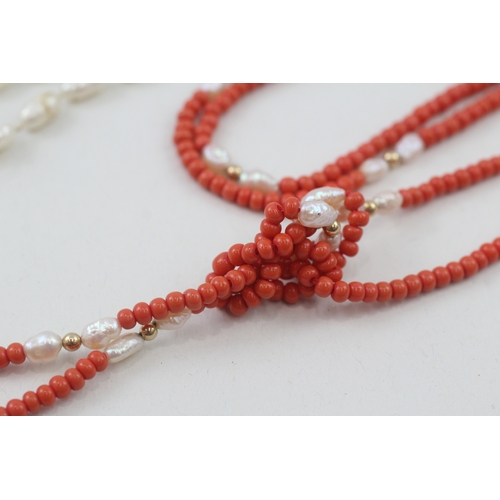 6 - 2x 9ct gold faux coral & cultured pearl necklaces (46.5g)