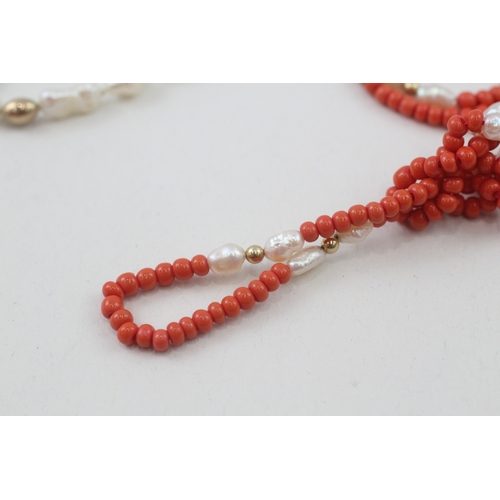 6 - 2x 9ct gold faux coral & cultured pearl necklaces (46.5g)