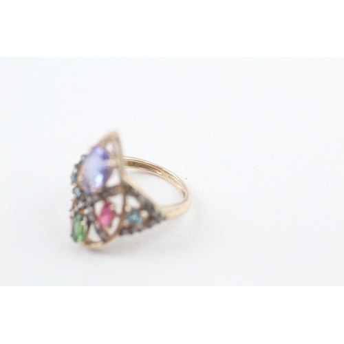 68 - 9ct gold diamond and multi- gemstone set cocktail ring (3g) Size  J