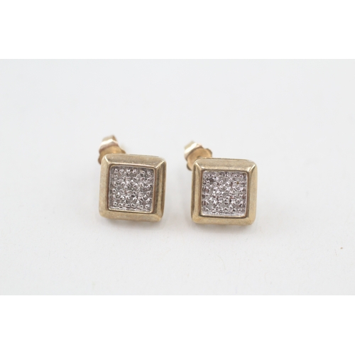 69 - 9ct white and yellow gold diamond set square cluster set stud earrings (2g)