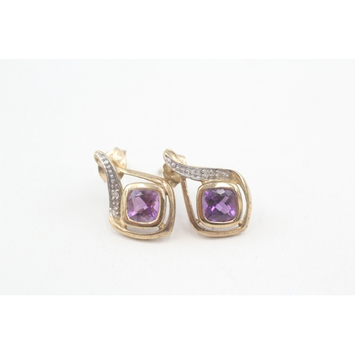 89 - 9ct gold amethyst & diamond earrings with scroll backs (1.9g)