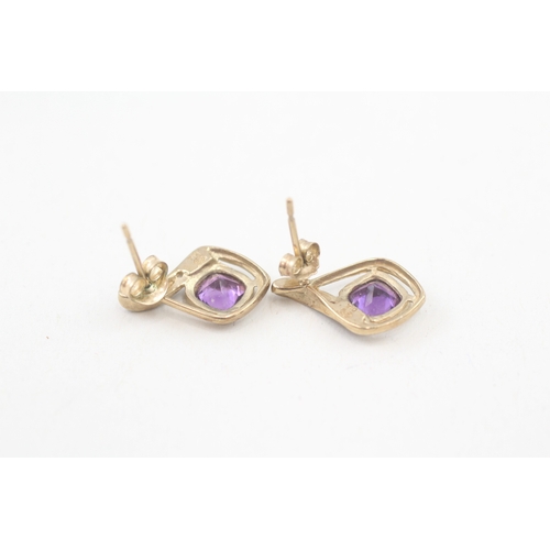 89 - 9ct gold amethyst & diamond earrings with scroll backs (1.9g)