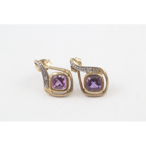 89 - 9ct gold amethyst & diamond earrings with scroll backs (1.9g)