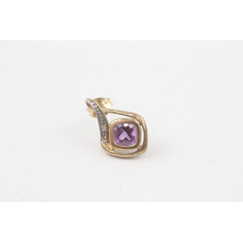 89 - 9ct gold amethyst & diamond earrings with scroll backs (1.9g)