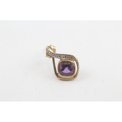 89 - 9ct gold amethyst & diamond earrings with scroll backs (1.9g)