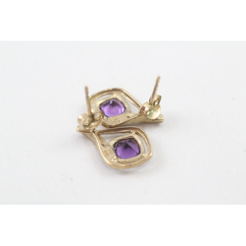 89 - 9ct gold amethyst & diamond earrings with scroll backs (1.9g)