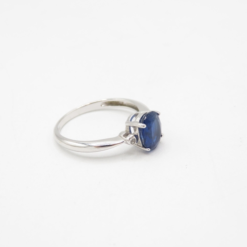 23 - 9ct white gold kyanite single stone ring with diamond sides (2.1g) Size  N