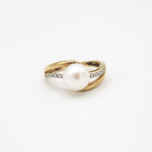 46 - 9ct gold cultured pearl & diamond dress ring (2.5g) Size  L