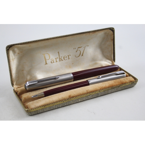 443 - Vintage Parker 51 Burgundy Fountain Pen w/ 14ct Gold Nib, Pencil, Original Box