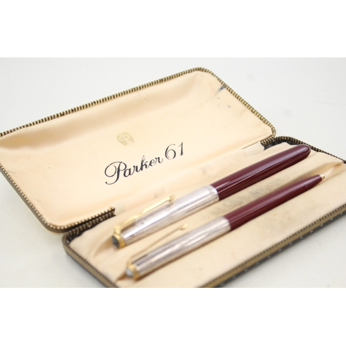 444 - Vintage PARKER 61 Burgundy Fountain Pen w 14ct Nib, Rolled Silver Cap, Ballpoint