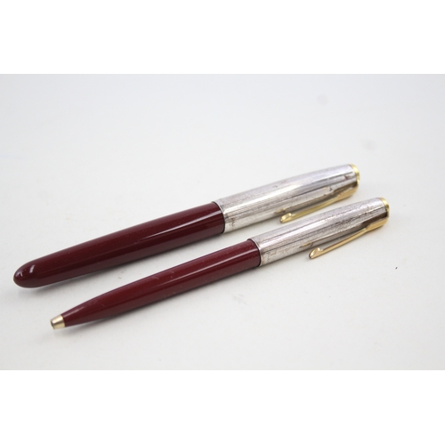 444 - Vintage PARKER 61 Burgundy Fountain Pen w 14ct Nib, Rolled Silver Cap, Ballpoint