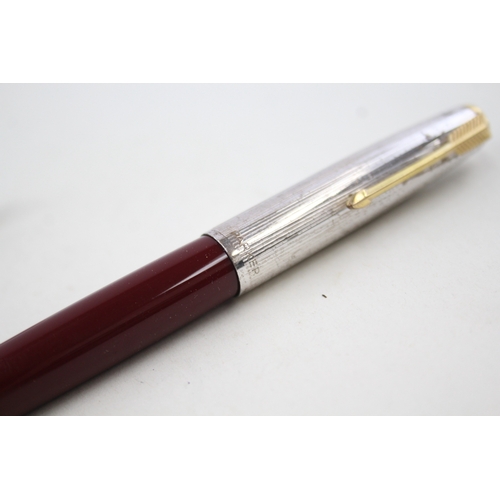 444 - Vintage PARKER 61 Burgundy Fountain Pen w 14ct Nib, Rolled Silver Cap, Ballpoint