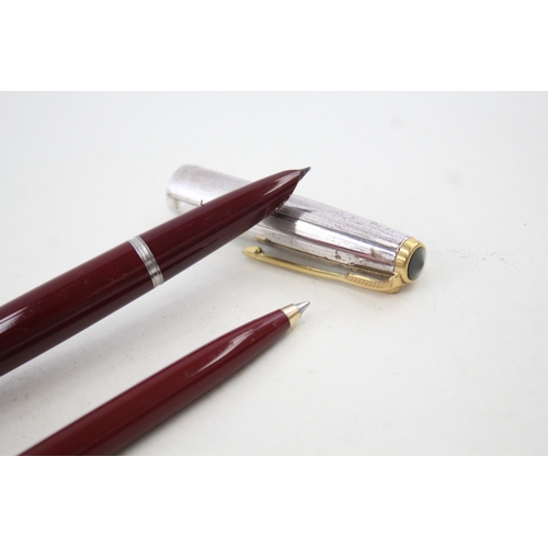 444 - Vintage PARKER 61 Burgundy Fountain Pen w 14ct Nib, Rolled Silver Cap, Ballpoint