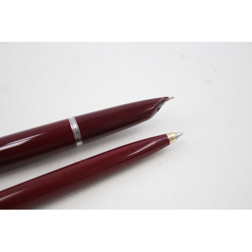 444 - Vintage PARKER 61 Burgundy Fountain Pen w 14ct Nib, Rolled Silver Cap, Ballpoint