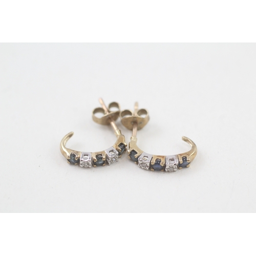 102 - 9ct gold diamond & sapphire half hoop earrings (1.3g)