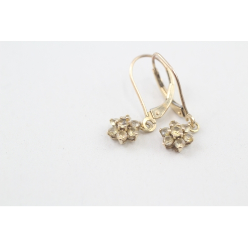 103 - 10ct gold yellow sapphire floral cluster drop earrings (1.2g)