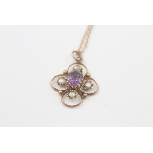 110 - 9ct gold antique Edwardian amethyst & seed pearl pendant necklace (2.5g)