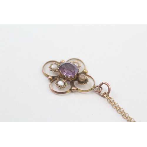 110 - 9ct gold antique Edwardian amethyst & seed pearl pendant necklace (2.5g)