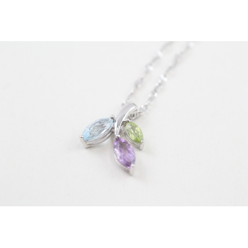 117 - 9ct white gold topaz, peridot & amethyst floral pendant necklace (2g)