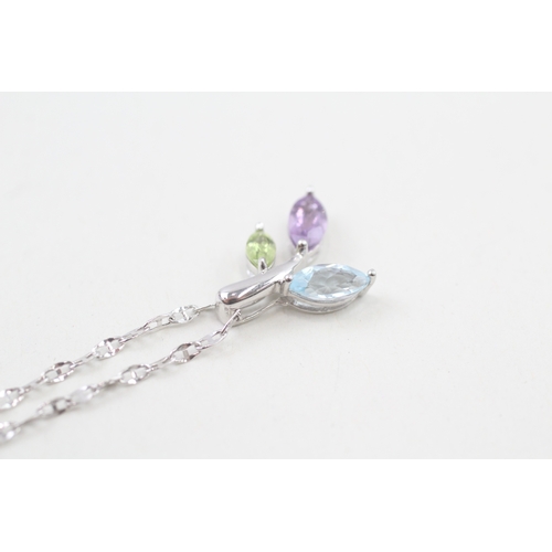 117 - 9ct white gold topaz, peridot & amethyst floral pendant necklace (2g)