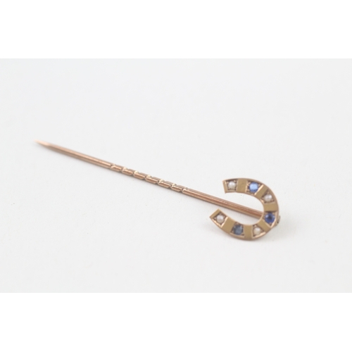 28 - 9ct gold antique seed pearl & sapphire paste horseshoe stickpin (0.8g)