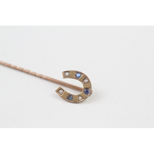 28 - 9ct gold antique seed pearl & sapphire paste horseshoe stickpin (0.8g)