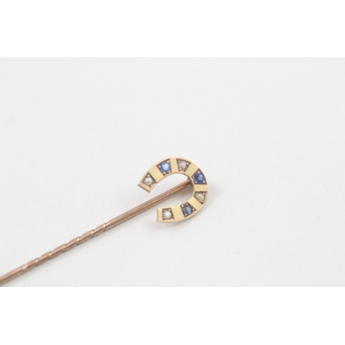 28 - 9ct gold antique seed pearl & sapphire paste horseshoe stickpin (0.8g)