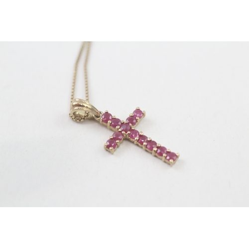 49 - 9ct gold ruby cross pendant necklace (1.8g)