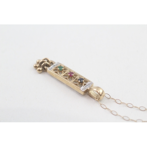 56 - 9ct gold multi-gemstone floral bar pendant necklace set with diamond, ruby, sapphire & emerald (1.9g... 