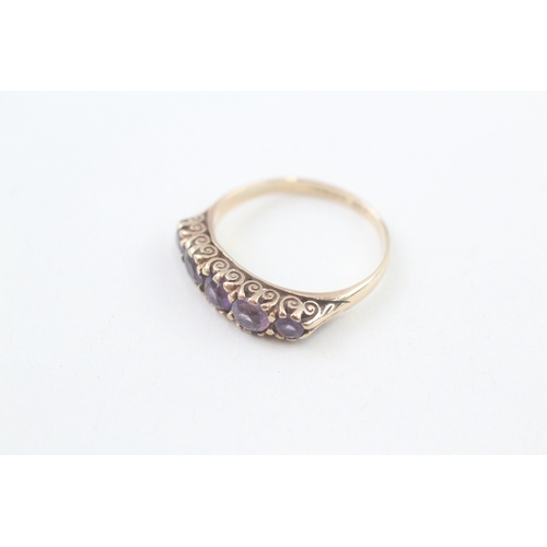 77 - 9ct gold vintage amethyst five stone ring with a scroll patterned gallery (2.5g) Size  O