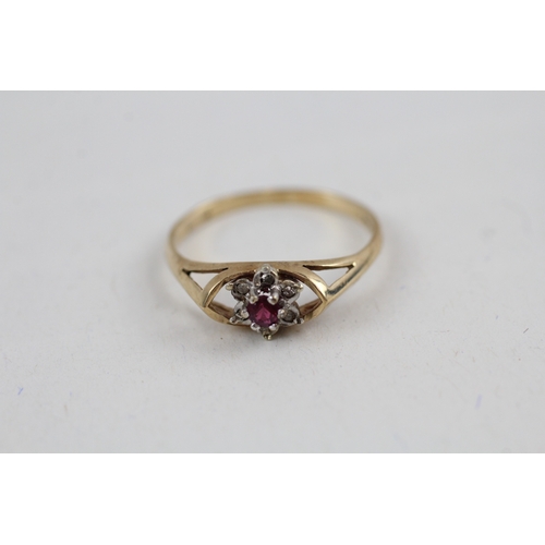 103 - 9ct gold diamond & ruby floral cluster ring (1.8g) Size  Q