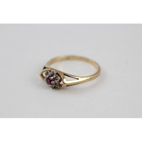 103 - 9ct gold diamond & ruby floral cluster ring (1.8g) Size  Q