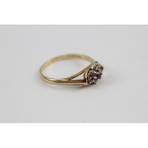 103 - 9ct gold diamond & ruby floral cluster ring (1.8g) Size  Q