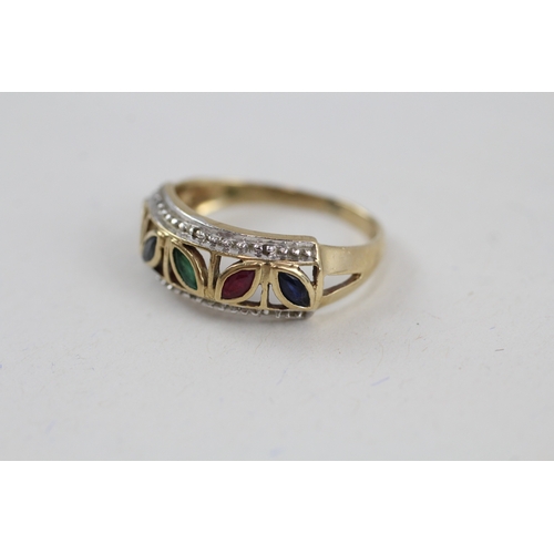 104 - 9ct gold multi-gemstone openwork band ring inc. diamond, ruby, sapphire & emerald (2.3g) AS SEEN - M... 