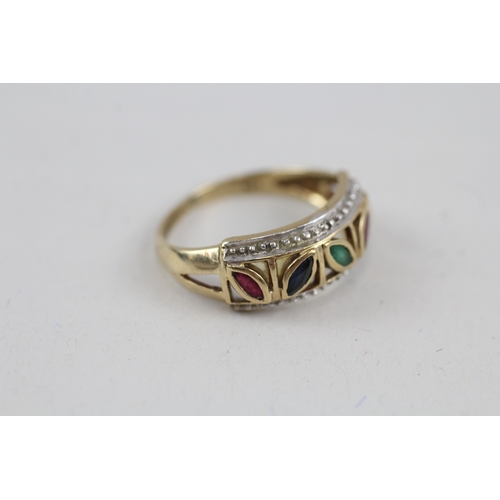 104 - 9ct gold multi-gemstone openwork band ring inc. diamond, ruby, sapphire & emerald (2.3g) AS SEEN - M... 