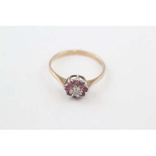 105 - 9ct gold diamond & ruby floral cluster ring (1.4g) Size  N