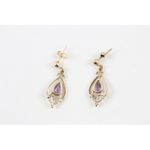 133 - 9ct vintage style amethyst drop earring with scroll backs (1.6g)