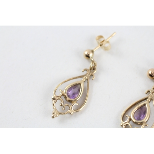 133 - 9ct vintage style amethyst drop earring with scroll backs (1.6g)