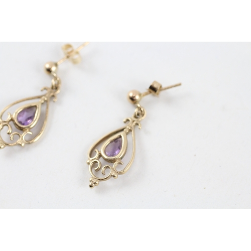 133 - 9ct vintage style amethyst drop earring with scroll backs (1.6g)