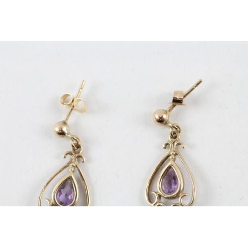 133 - 9ct vintage style amethyst drop earring with scroll backs (1.6g)