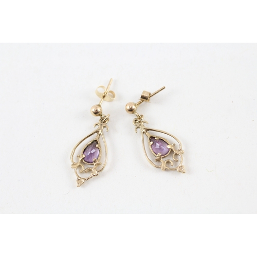 133 - 9ct vintage style amethyst drop earring with scroll backs (1.6g)