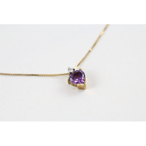 134 - 9ct gold heart shape amethyst & diamond pendant necklace (1.2g)