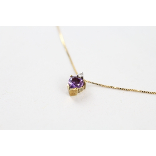 134 - 9ct gold heart shape amethyst & diamond pendant necklace (1.2g)