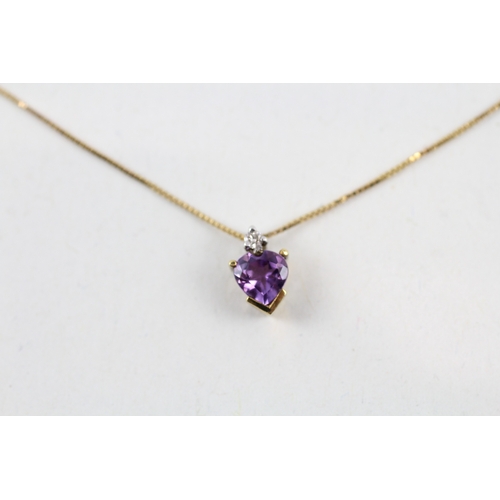 134 - 9ct gold heart shape amethyst & diamond pendant necklace (1.2g)