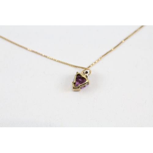 134 - 9ct gold heart shape amethyst & diamond pendant necklace (1.2g)