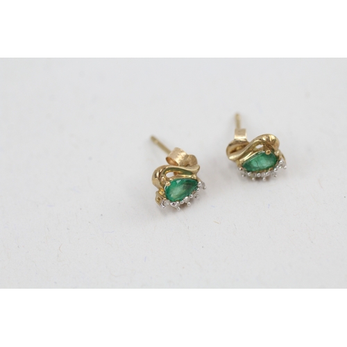 159 - 9ct gold emerald & diamond stud earrings with scroll backs (0.8g)