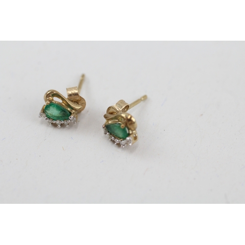 159 - 9ct gold emerald & diamond stud earrings with scroll backs (0.8g)