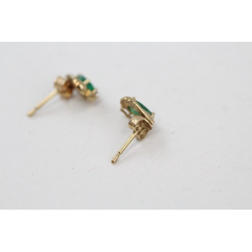 159 - 9ct gold emerald & diamond stud earrings with scroll backs (0.8g)