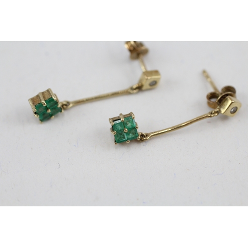 162 - 9ct gold emerald & diamond drop earrings with scroll backs (1.6g)