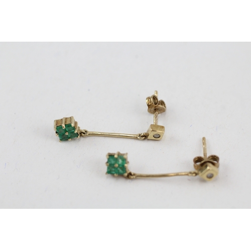 162 - 9ct gold emerald & diamond drop earrings with scroll backs (1.6g)